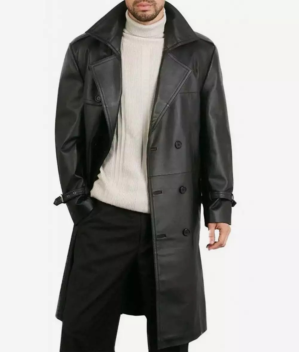 Mens Double-Breasted Black Lambskin Leather Coat - Knee Length - Image 2