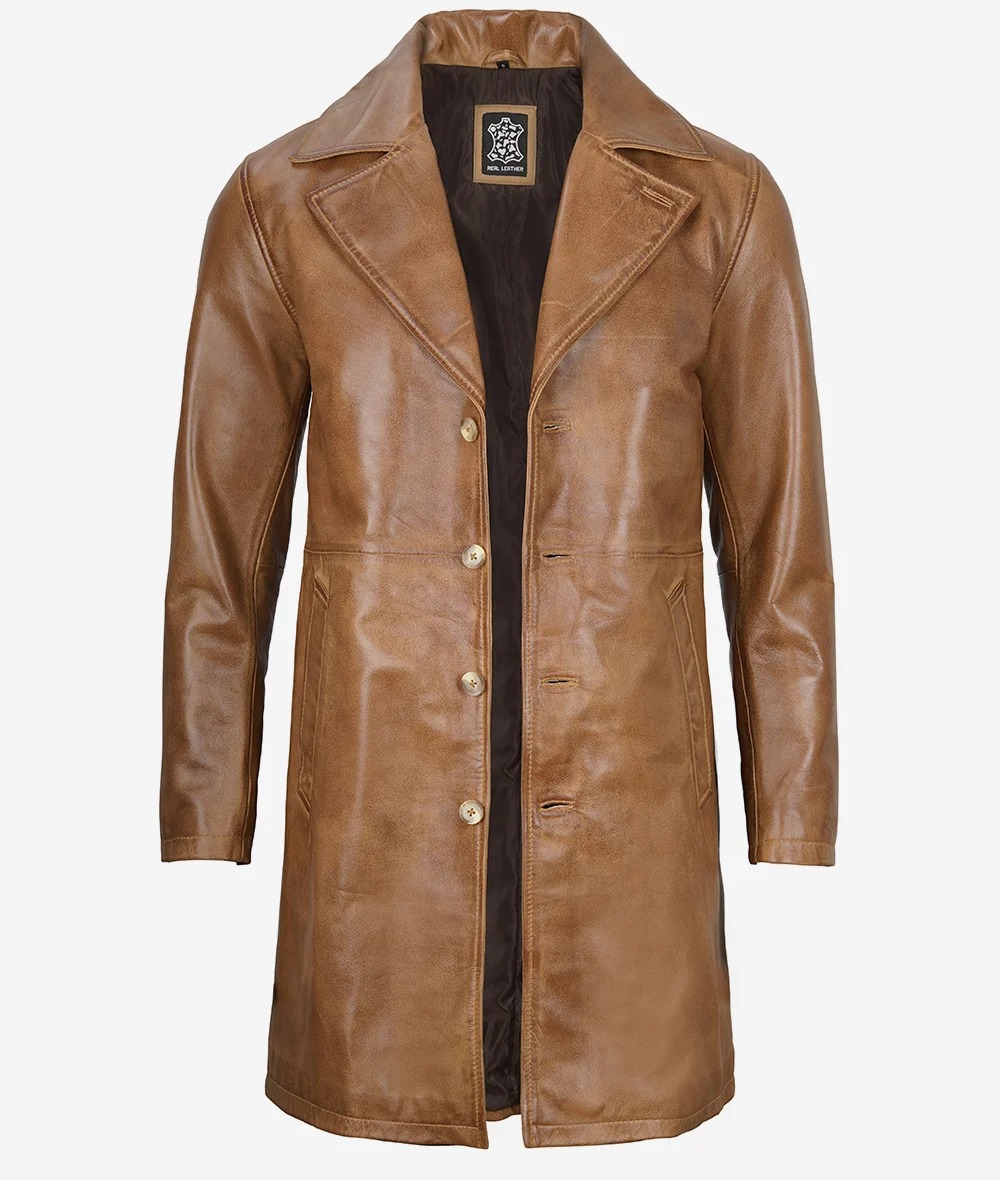 Mens Real Leather 3/4 Length Camel Brown Coat