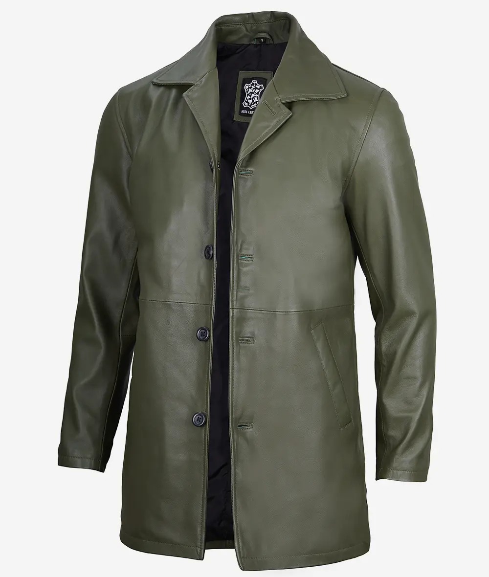 Men's Olive Green 3/4 Length Leather Car Coat