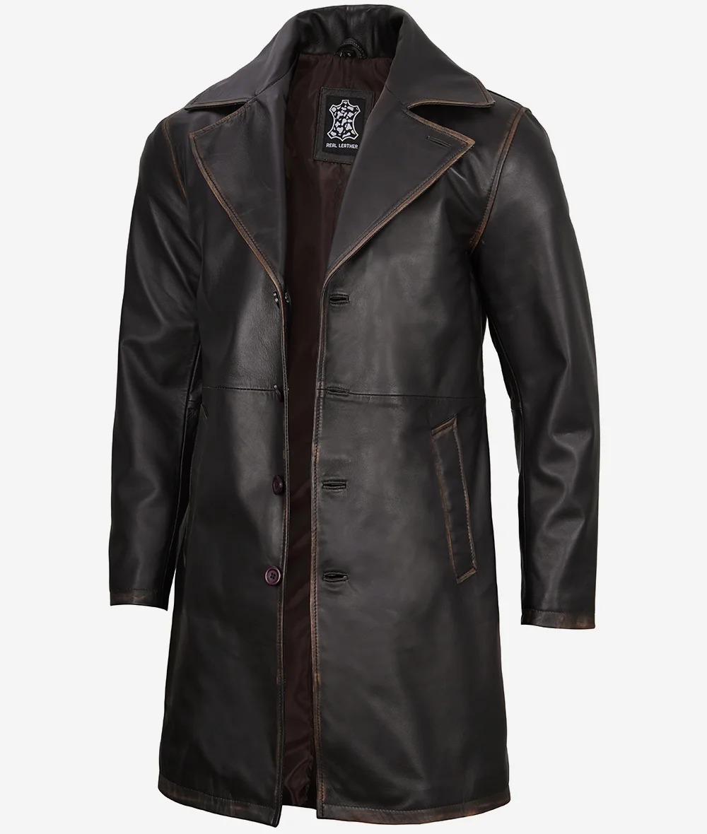 Mens Real Leather Distressed Brown Car Coat