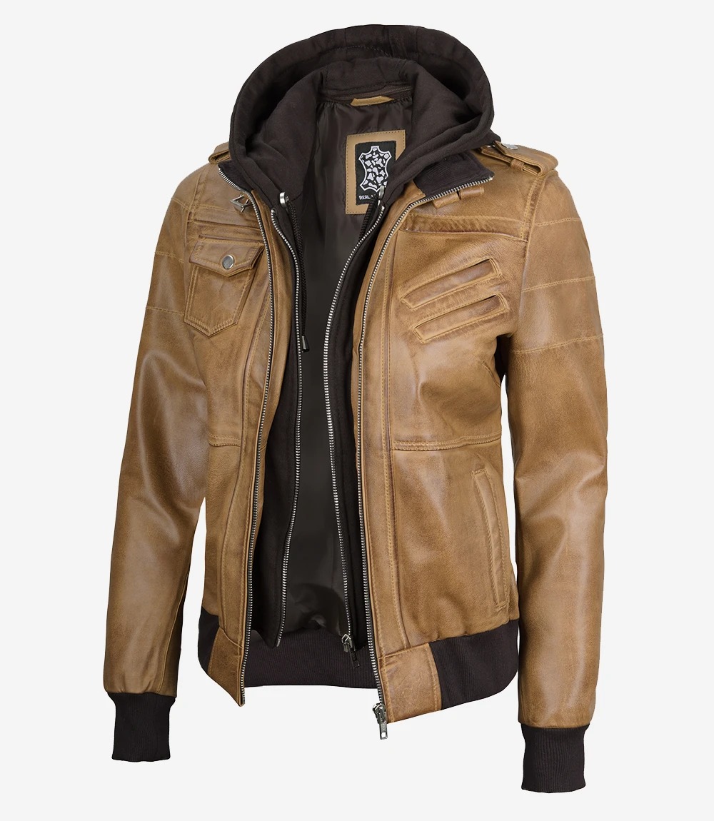 Womens Camel Brown Hooded Bomber Leather Jacket