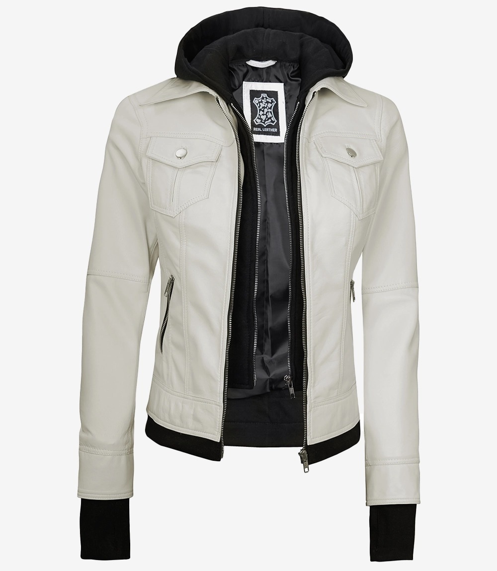 Womens Off White Bomber Leather Jacket with Removable Hood