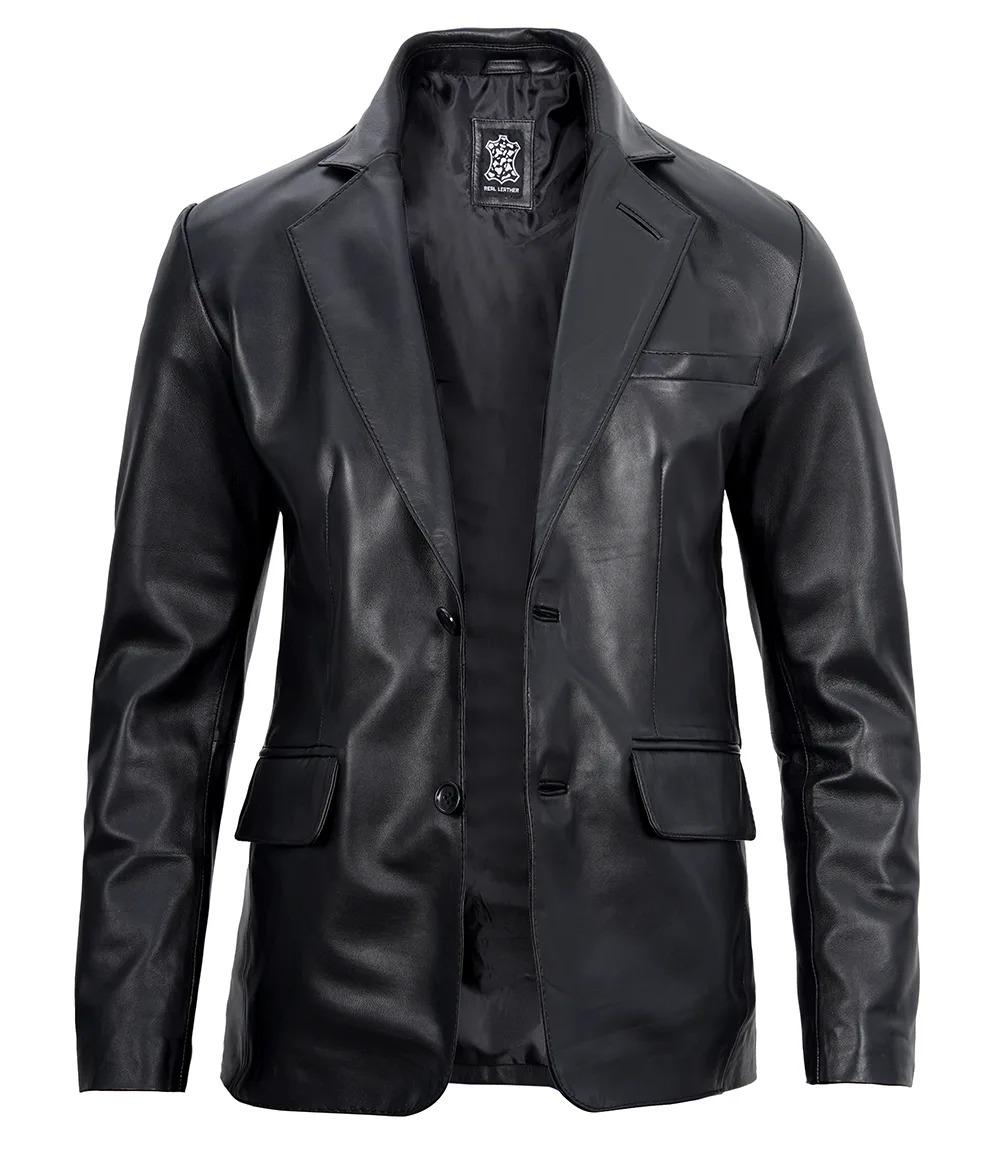 Mens Two Button Notch Lapel Black Leather Blazer