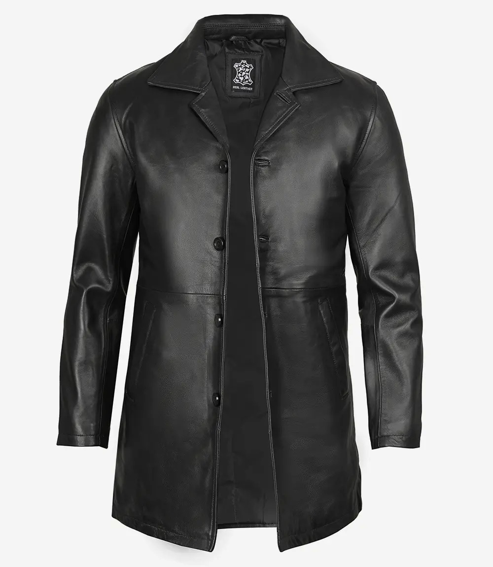 Men's 3/4 Length Lambskin Leather Black Car Coat