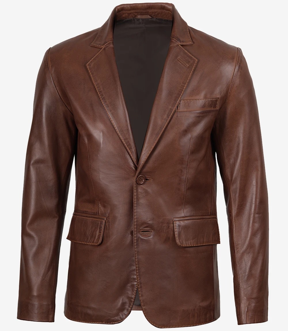 Mens Two Button Cognac Waxed Leather Blazer - Notch Lapel