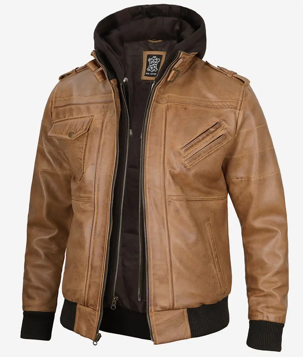 Men's Camel Brown Bomber Leather Jacket (Removable Hood)