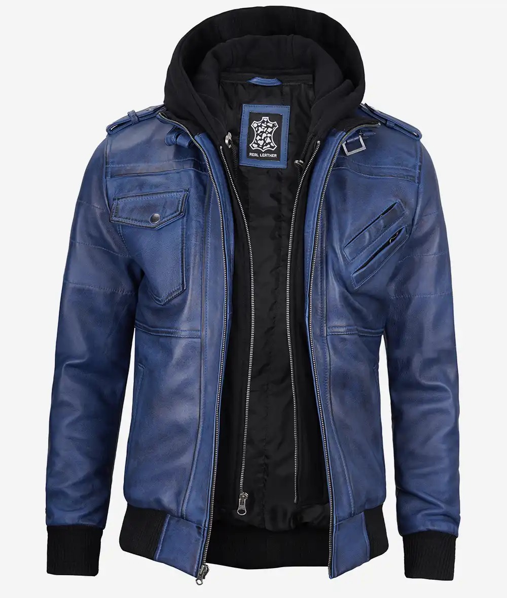 Men's Blue Wax Leather Bomber Jacket With Removable Hood