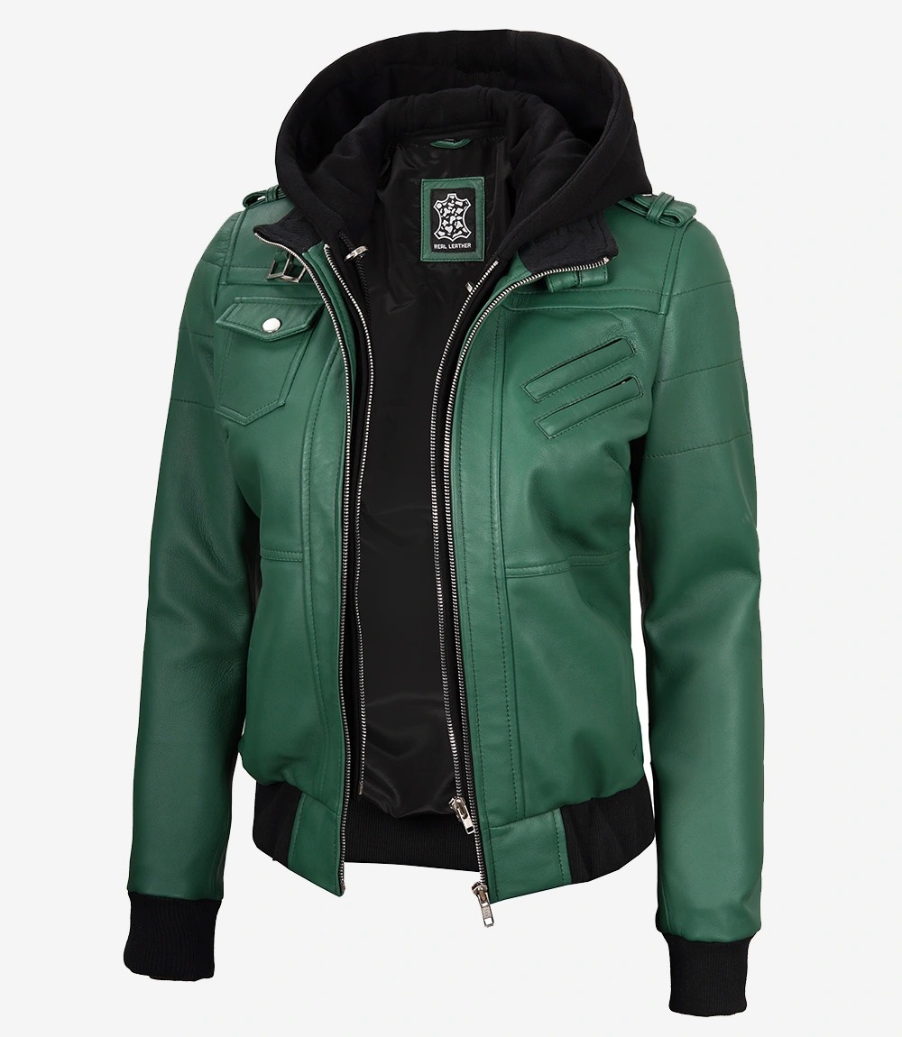 Womens Green Hooded Bomber Leather Jacket