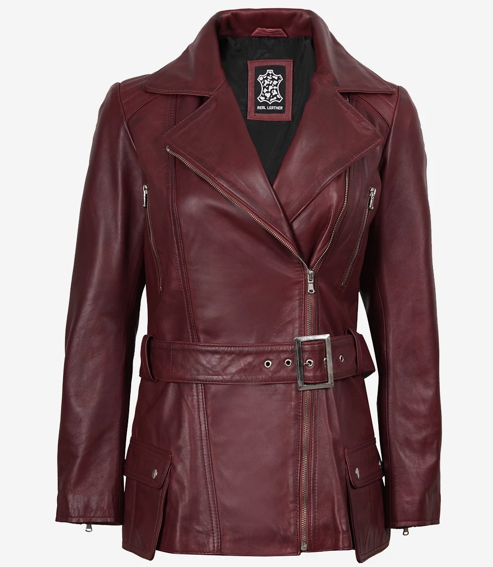 Women's Asymmetrical Maroon Belted Moto Leather Jacket