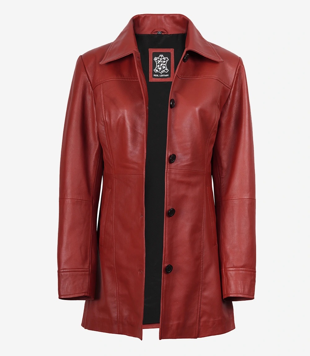 Womens Real Lambskin Leather Red Car Coat