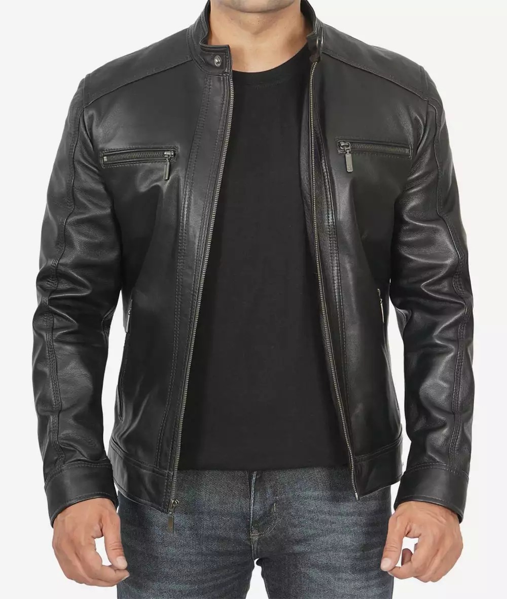 Men's Black Leather Jacket with Removable Hoodie - Image 3