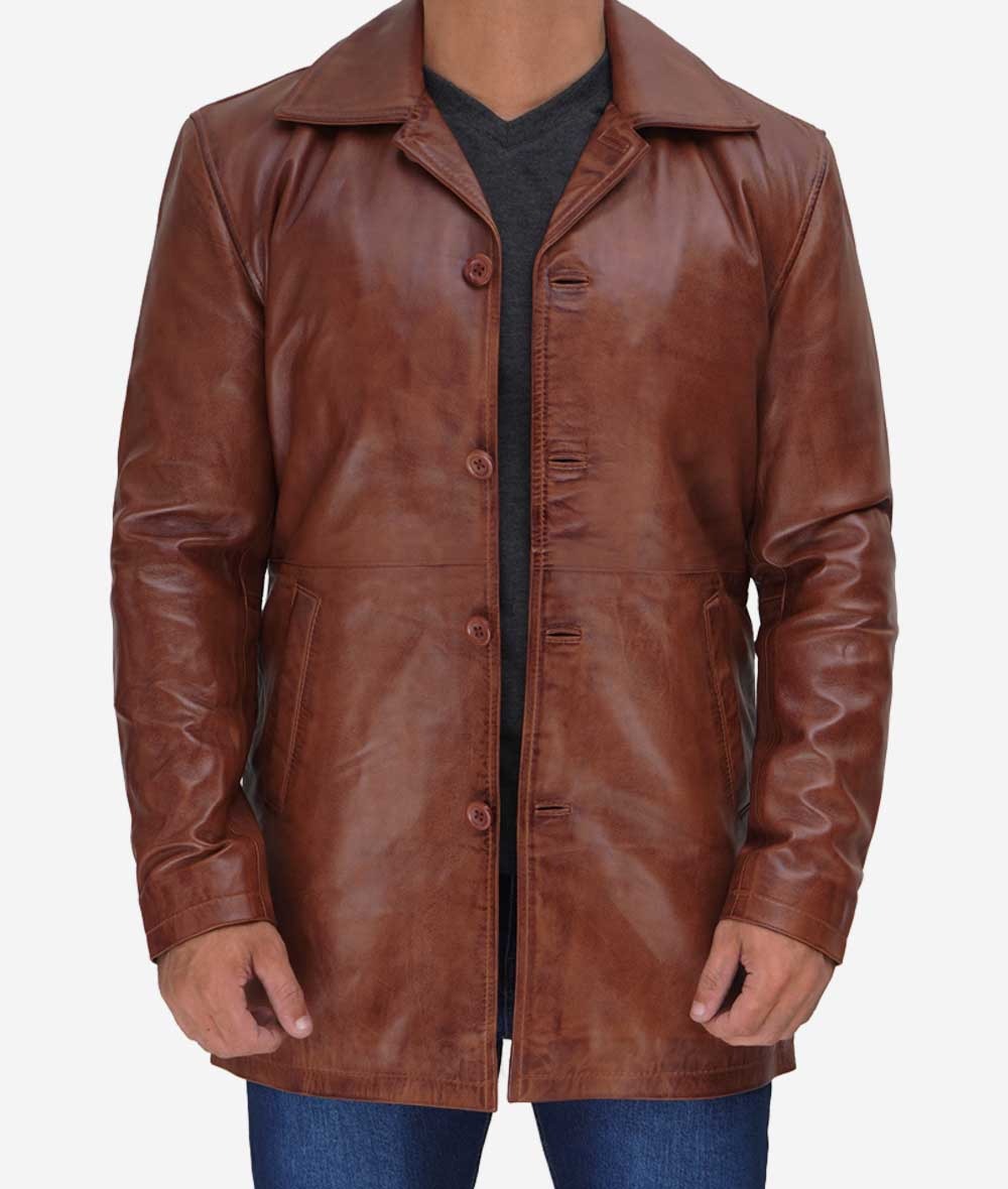 Men's Real Leather Button Down Cognac Car Coat