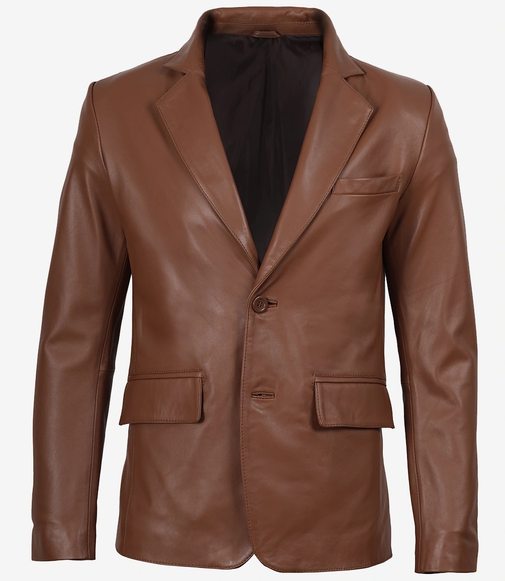 Men's Two Button Cognac Leather Blazer - Notch Lapel