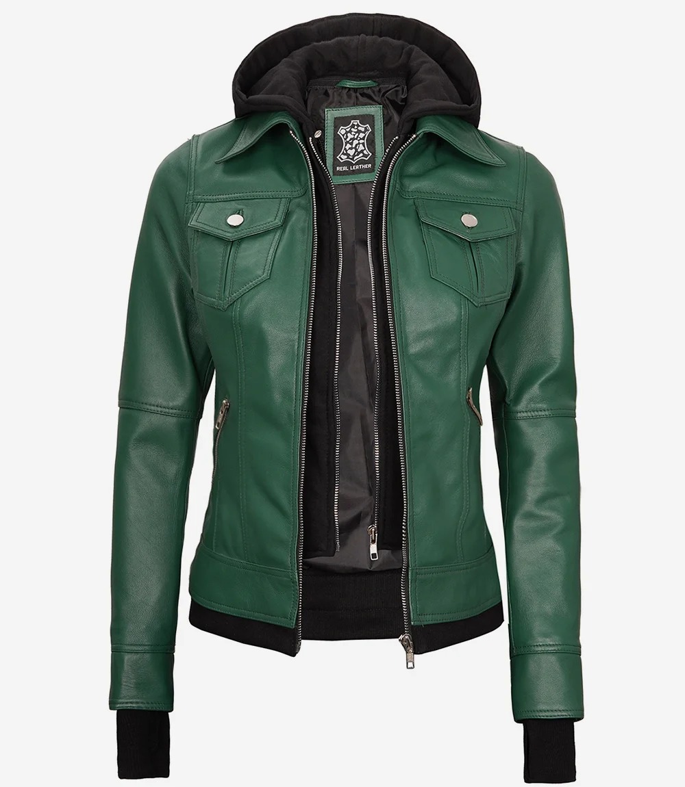 Womens Green Bomber Leather Jacket with Removable Hood