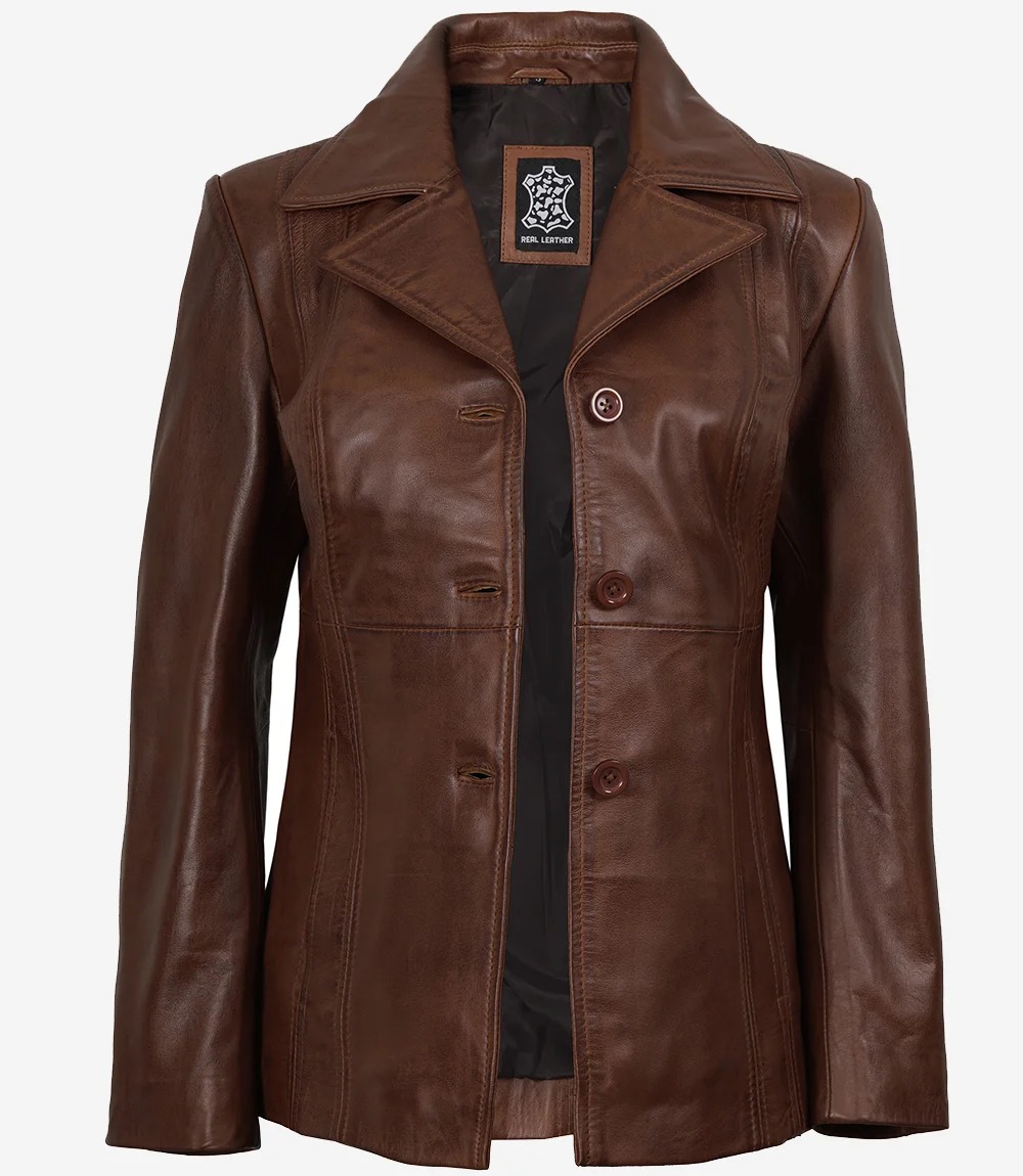 Women's Three Button Cognac Leather Blazer