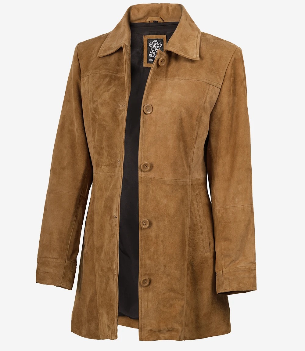 Women's 3/4 Length Button Down Brown Suede Coat