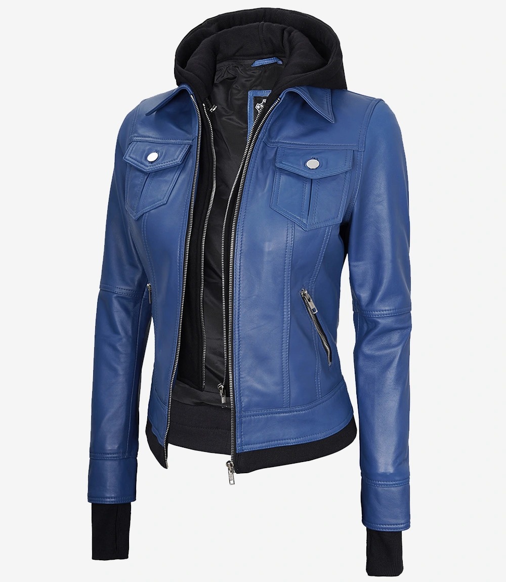 Womens Blue Bomber Leather Jacket With Hood