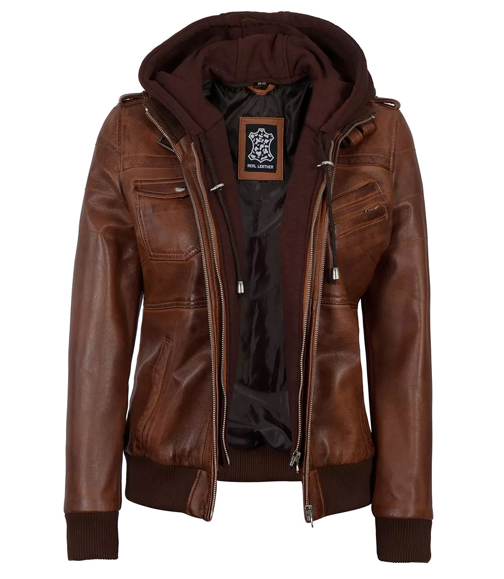 Womens Cognac Leather Bomber Jacket With Removable Hood
