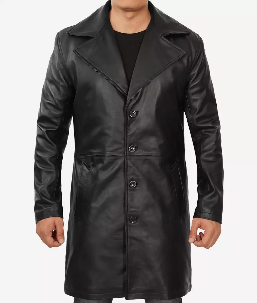Men's 3/4 Length Black Lambskin Leather Coat