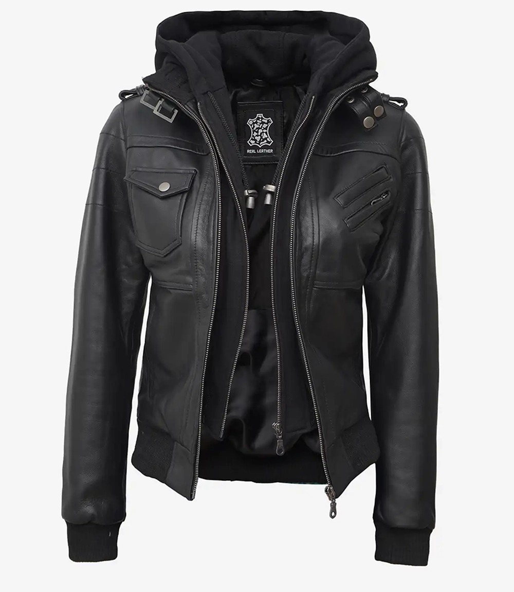Women's Black Leather Bomber Jacket with Removable Hood - Image 3