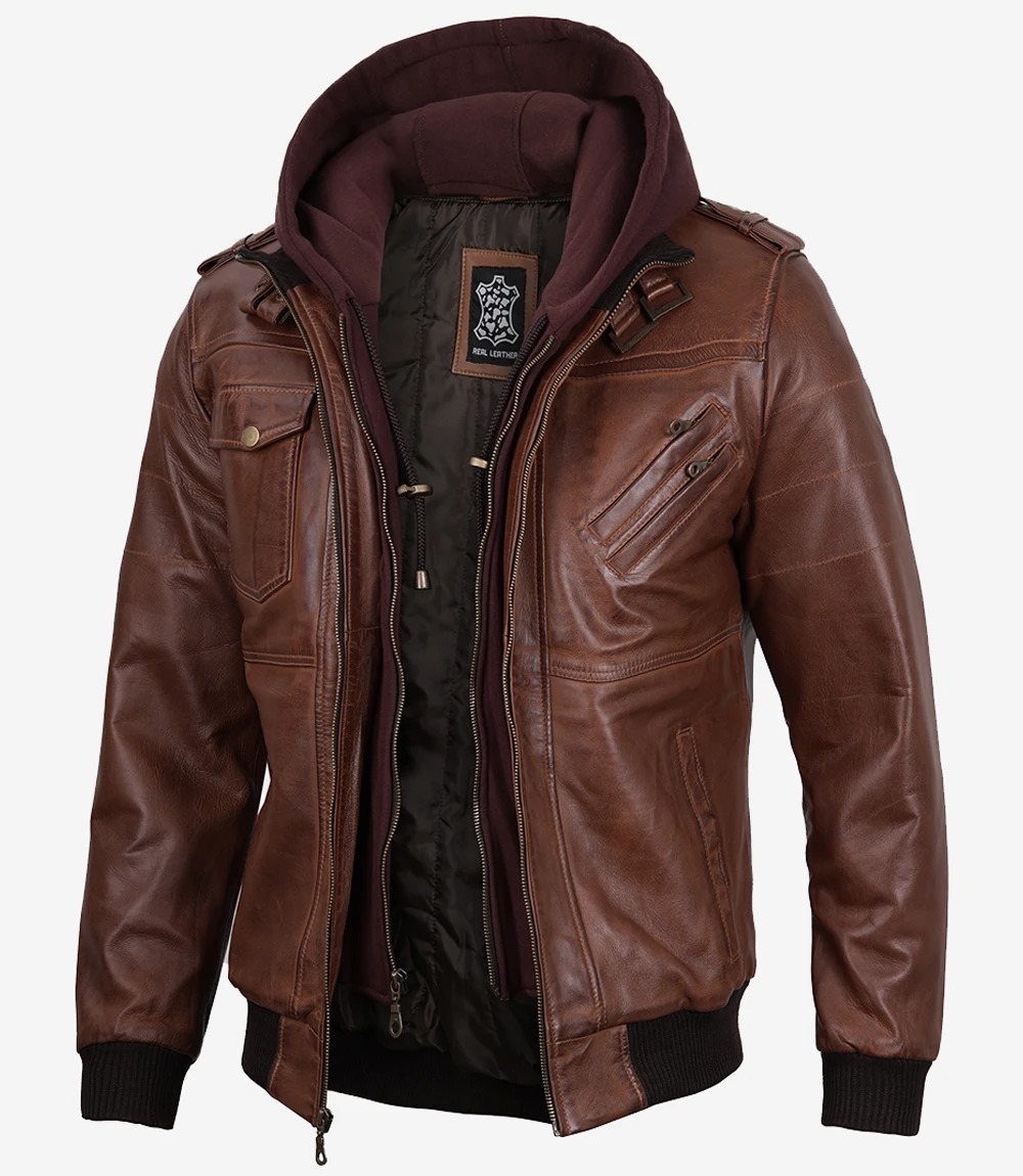 Mens Cognac Leather Bomber Jacket With Removable Hood