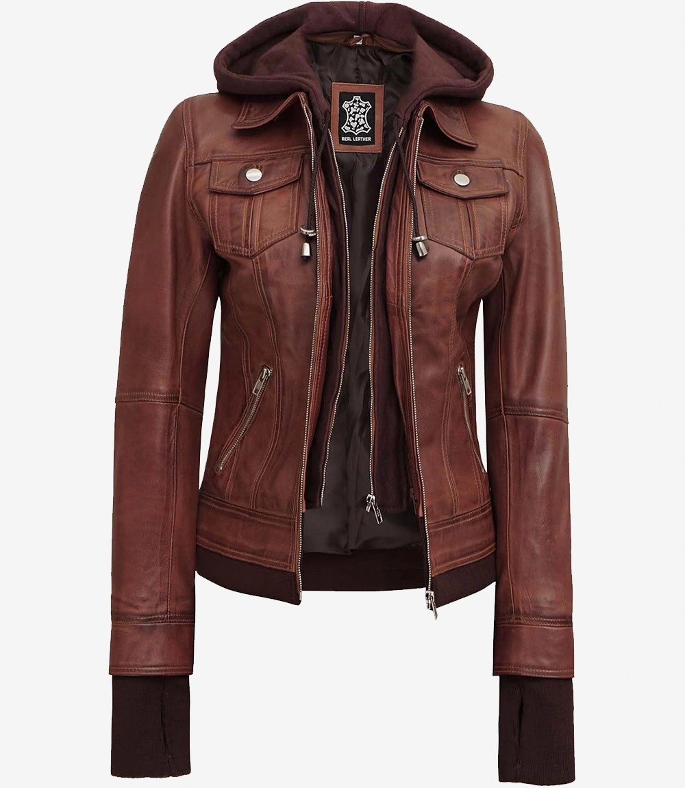 Tralee Women's Cognac Wax Bomber Leather Jacket With Removable Hood