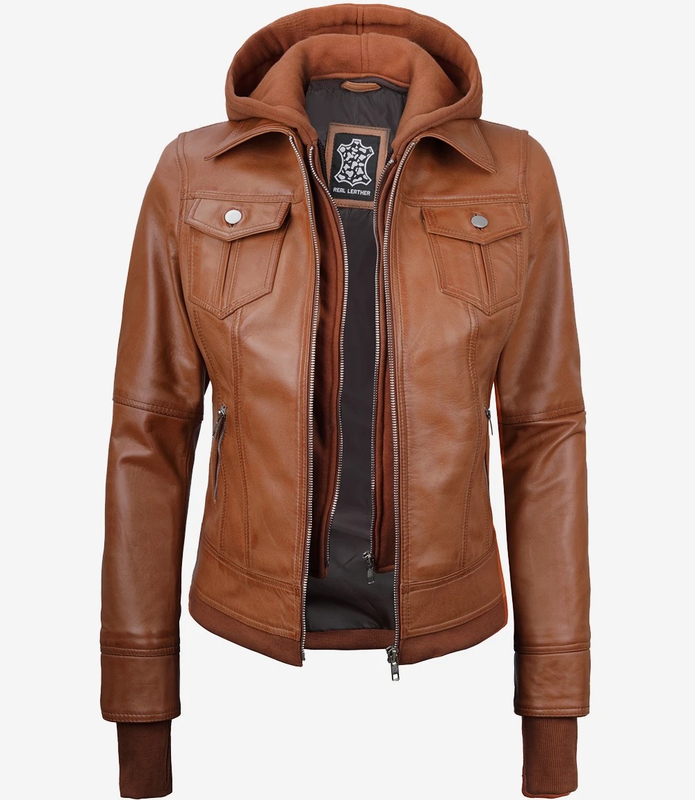 Tralee Women's Tan Waxed Bomber Leather Jacket With Detachable Hood