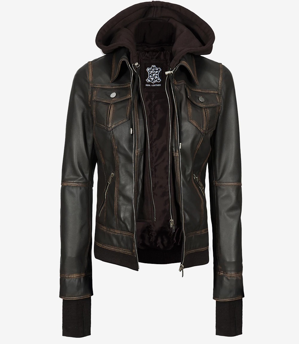Women's Distressed Brown Bomber Leather Jacket with Removable Hood