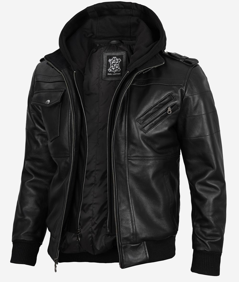 Mens Black Leather Bomber Jacket with Removable Hood