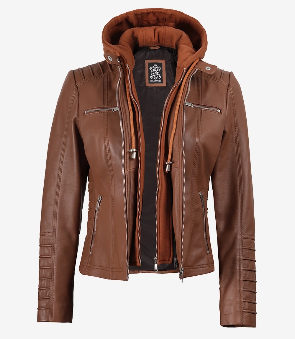 Helen Womens Cognac Leather Jacket with Removable Hood