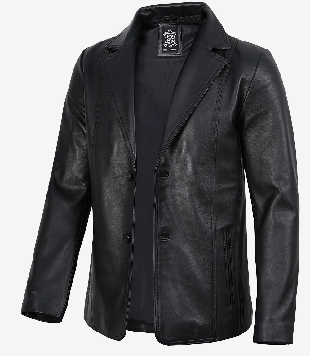 Mens Notch Lapel Two Button Black Leather Blazer - Image 3
