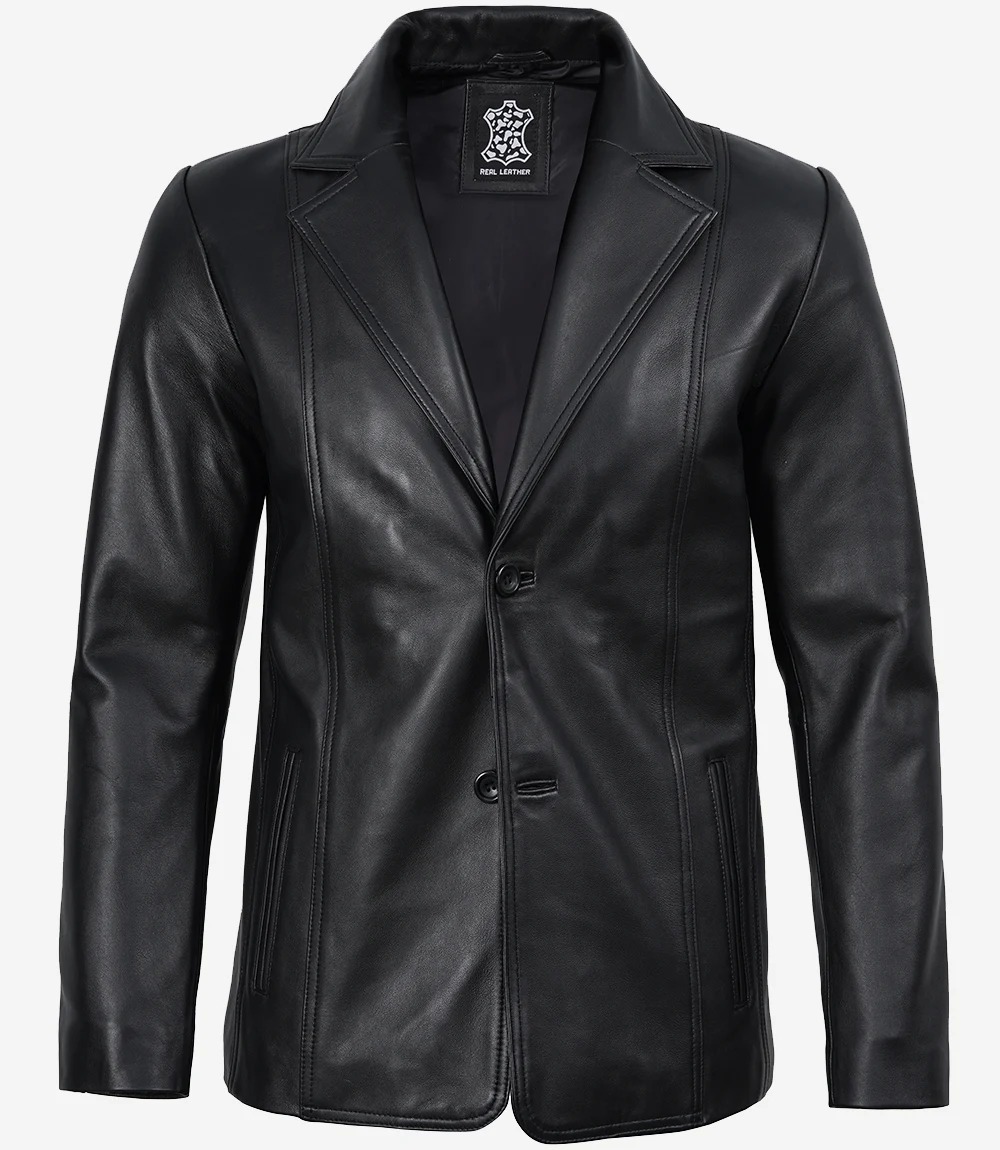 Mens Notch Lapel Two Button Black Leather Blazer - Image 4