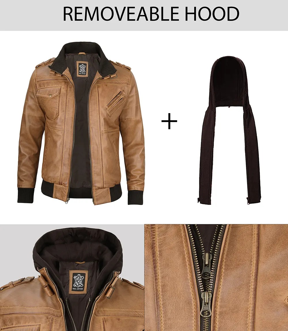 Men's Camel Brown Bomber Leather Jacket (Removable Hood) - Image 3
