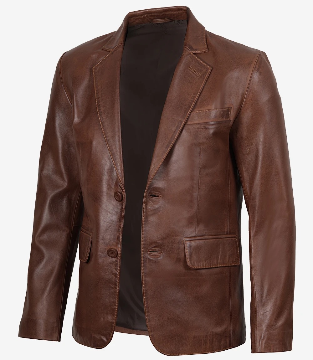 Mens Two Button Cognac Waxed Leather Blazer - Notch Lapel - Image 3
