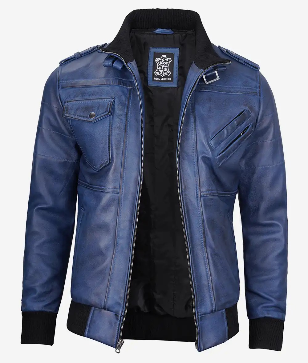 Men's Blue Wax Leather Bomber Jacket With Removable Hood - Image 3