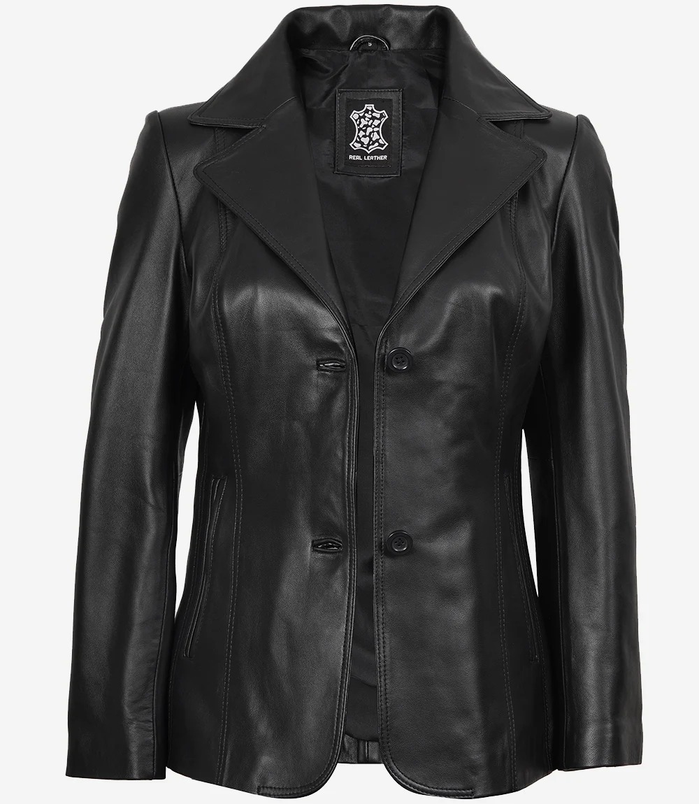 Womens Two Button Black Premium Leather Blazer - Image 3