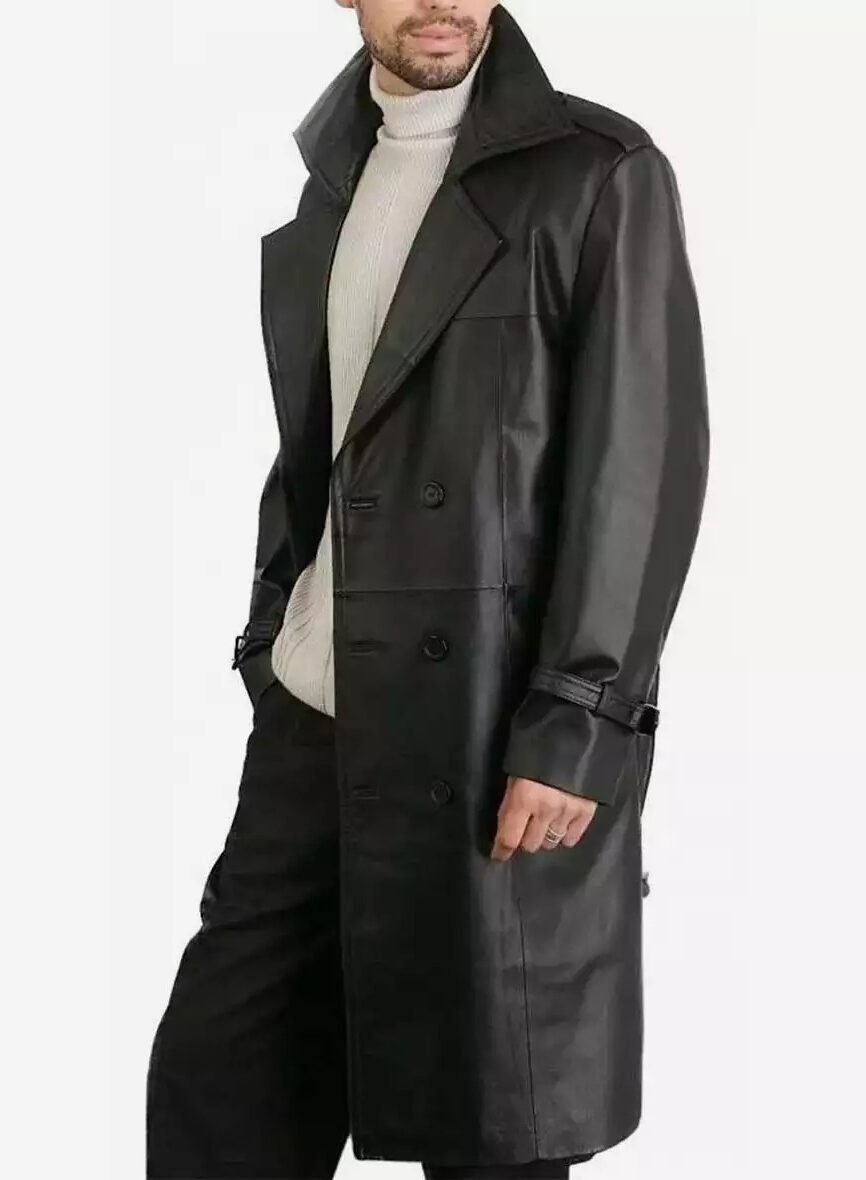 Mens Double-Breasted Black Lambskin Leather Coat - Knee Length