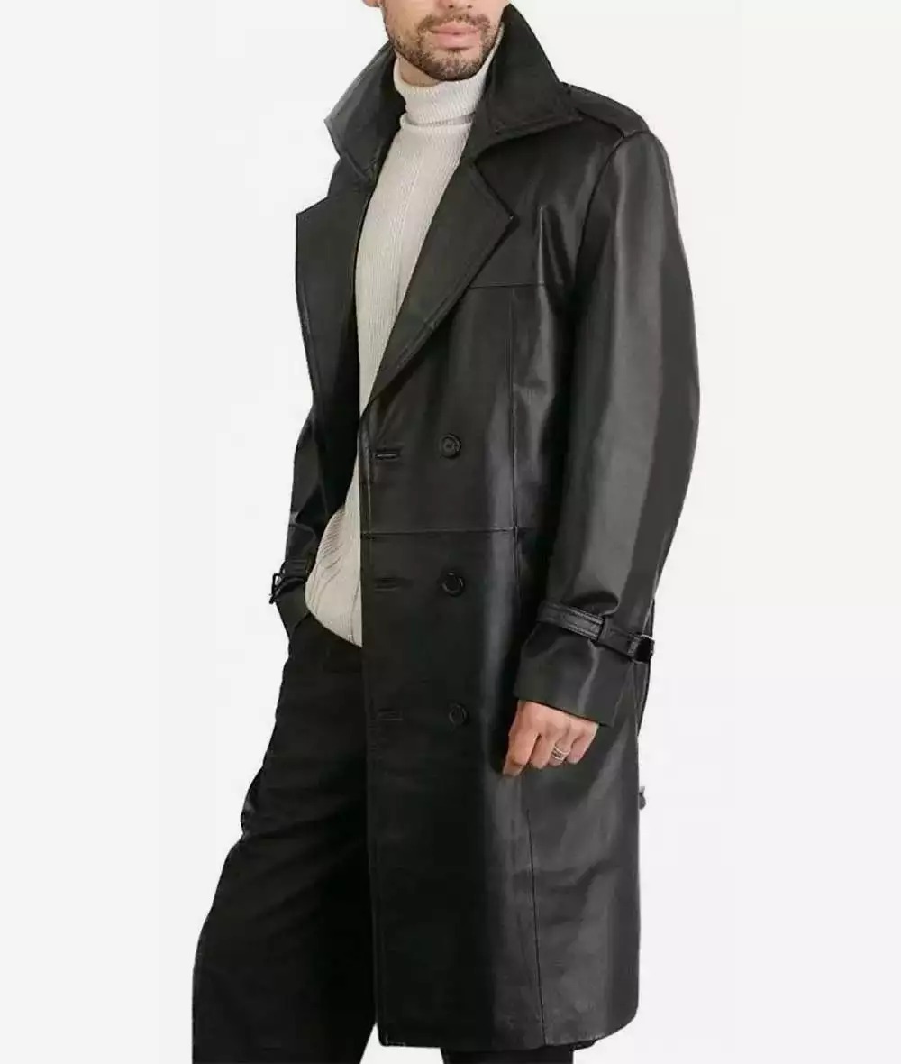 Mens Double-Breasted Black Lambskin Leather Coat - Knee Length