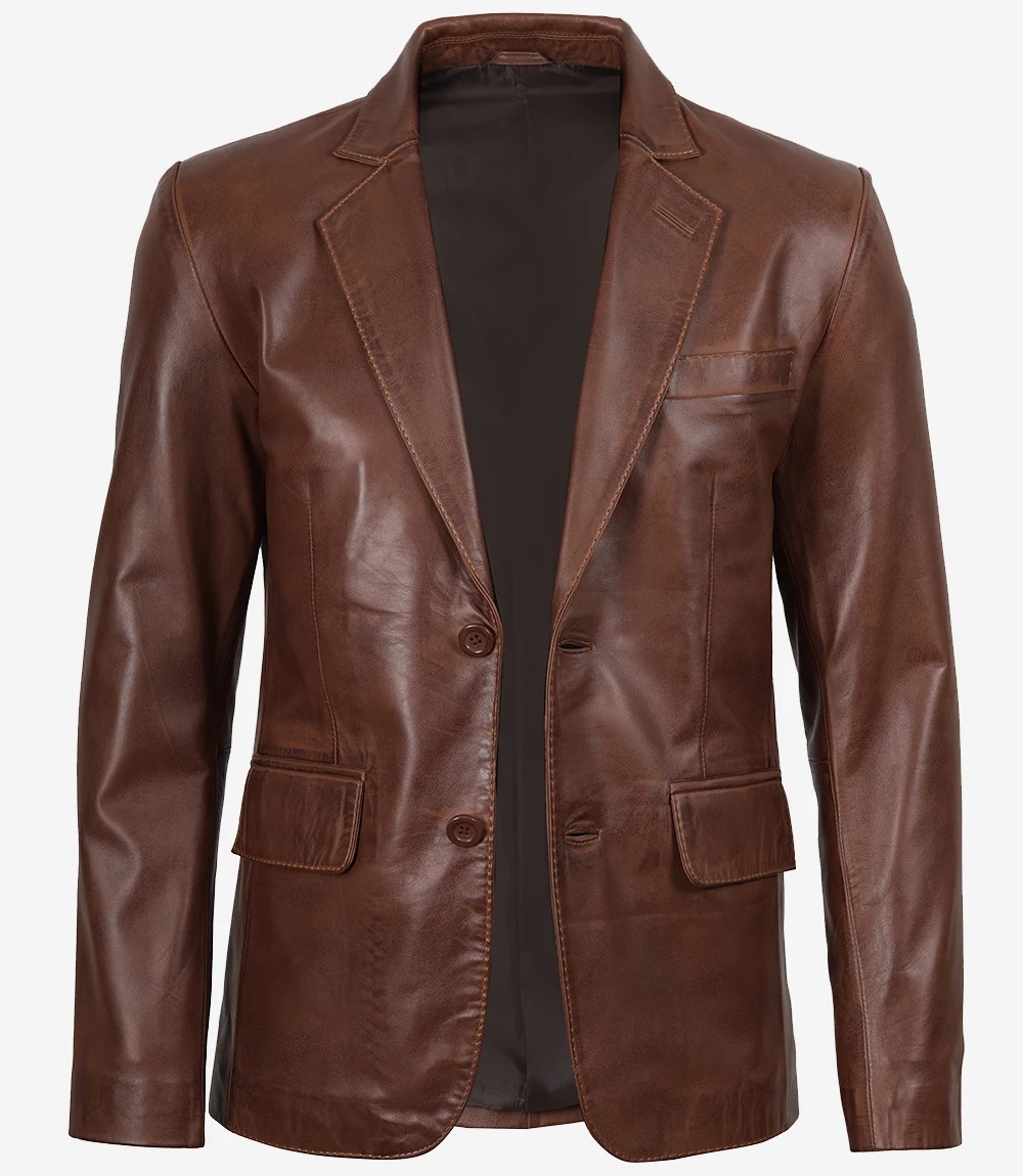 Mens Two Button Cognac Waxed Leather Blazer - Notch Lapel - Image 4