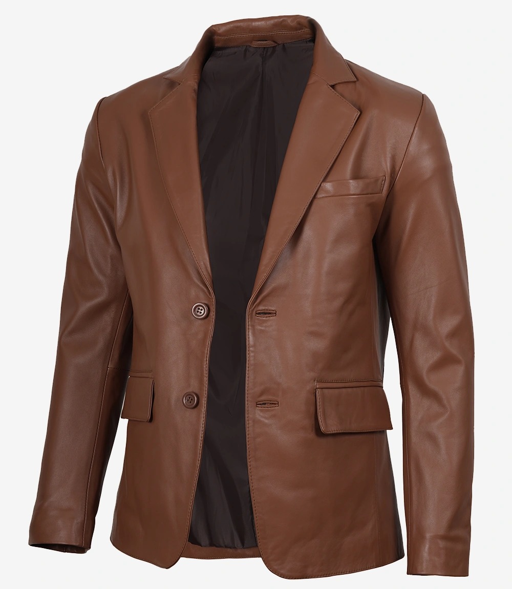 Men's Two Button Cognac Leather Blazer - Notch Lapel - Image 3