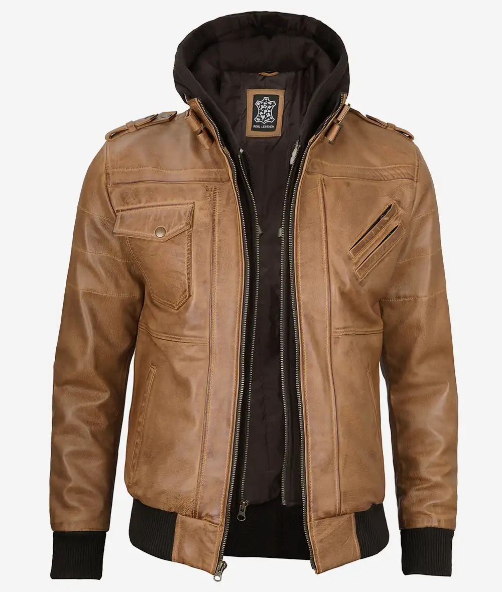 Men's Camel Brown Bomber Leather Jacket (Removable Hood) - Image 4