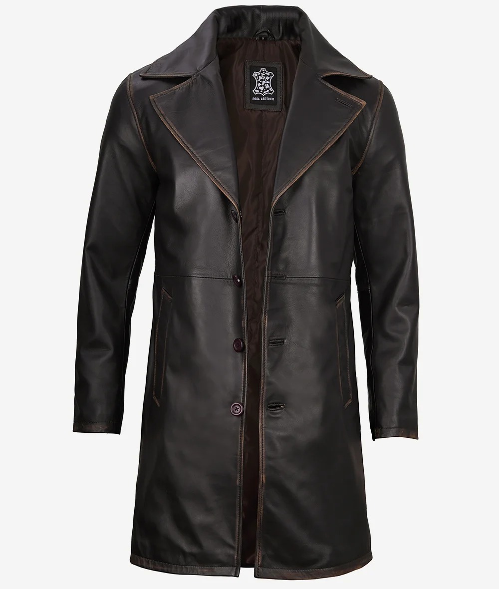 Mens Real Leather Distressed Brown Car Coat - Image 3