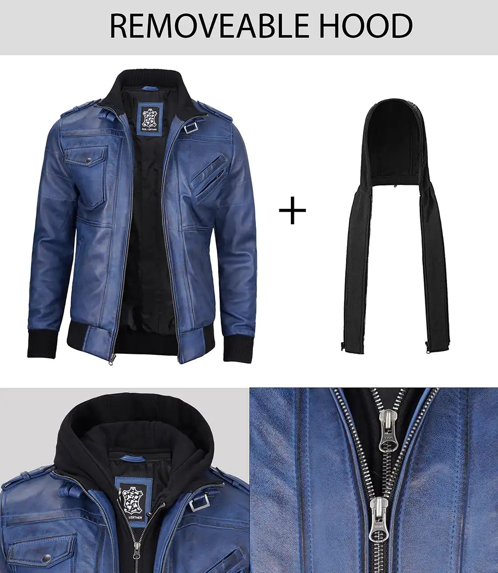 Men's Blue Wax Leather Bomber Jacket With Removable Hood - Image 4