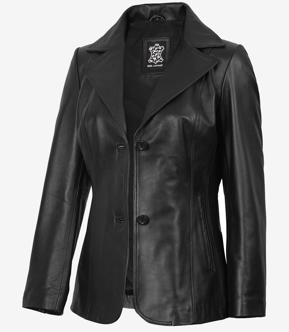 Womens Two Button Black Premium Leather Blazer - Image 4