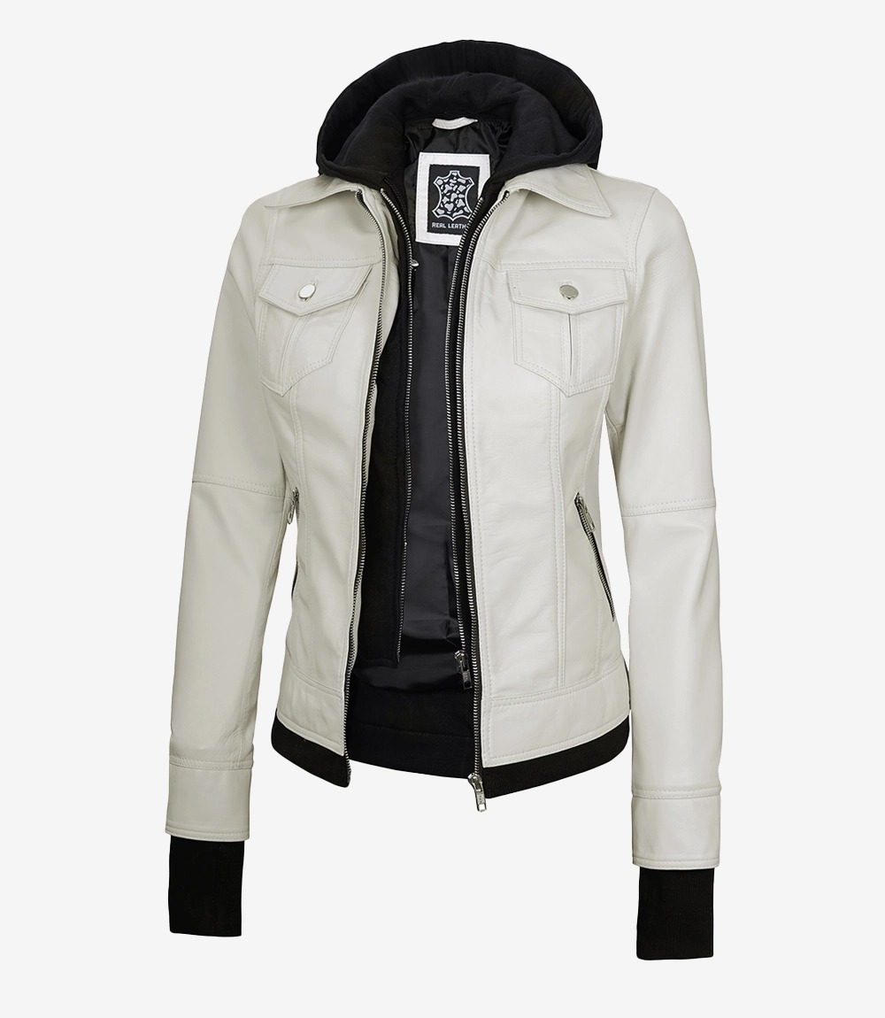 Womens Off White Bomber Leather Jacket with Removable Hood - Image 3