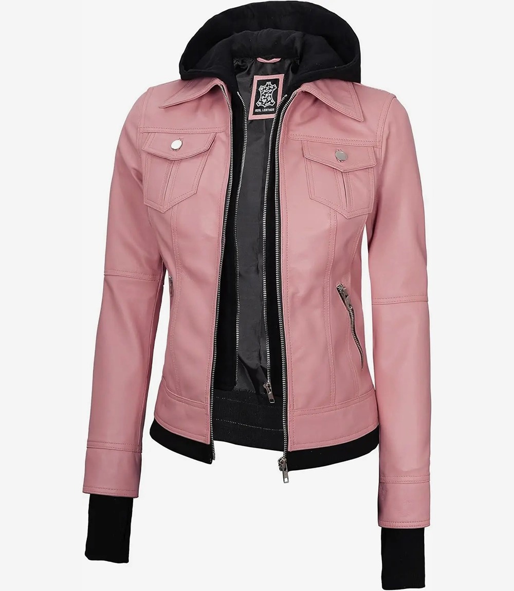 Womens Pink Bomber Leather Jacket with Removable Hood - Image 3