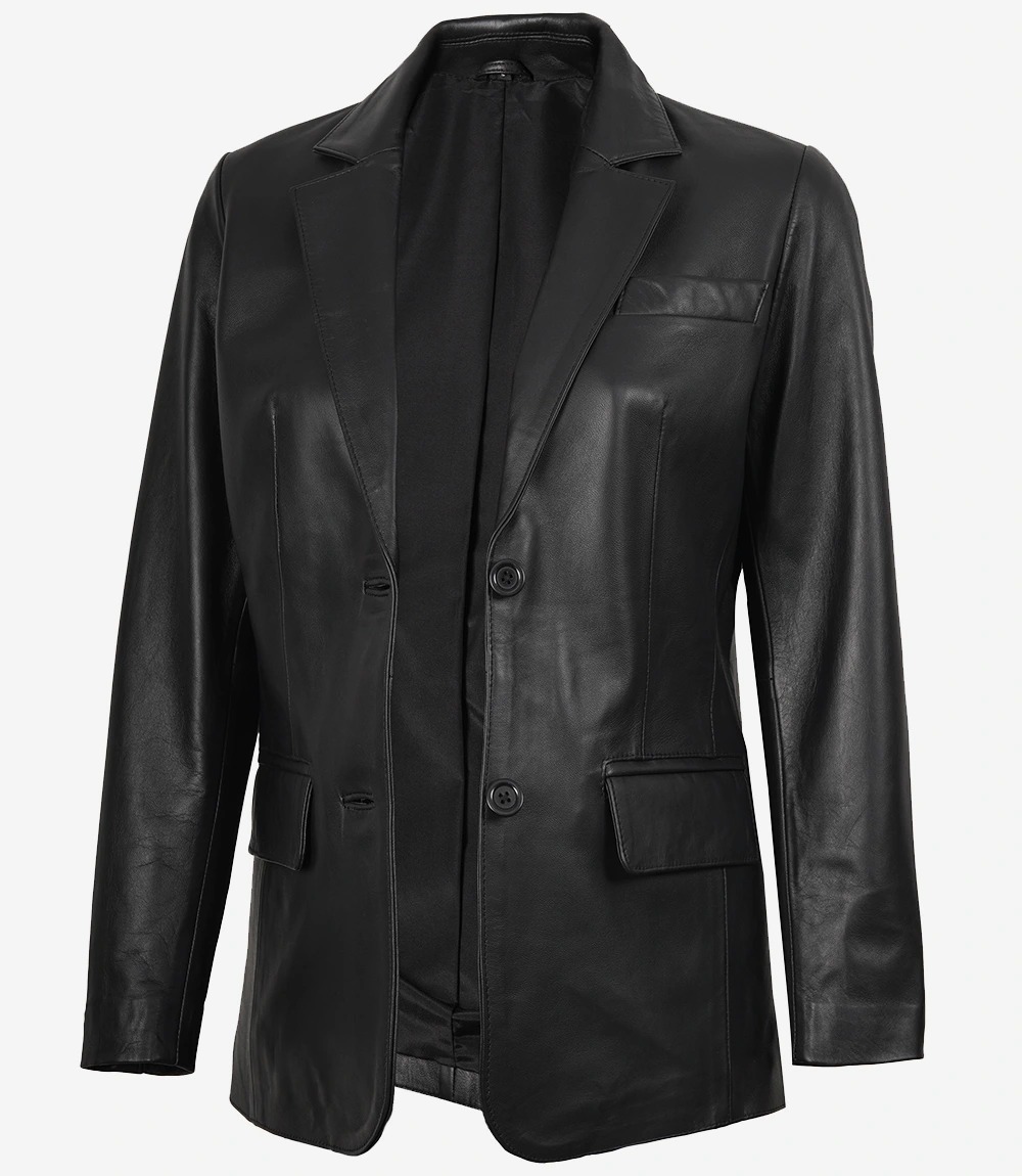Womens Two Button Notch Lapel Black Leather Blazer Jacket - Image 3
