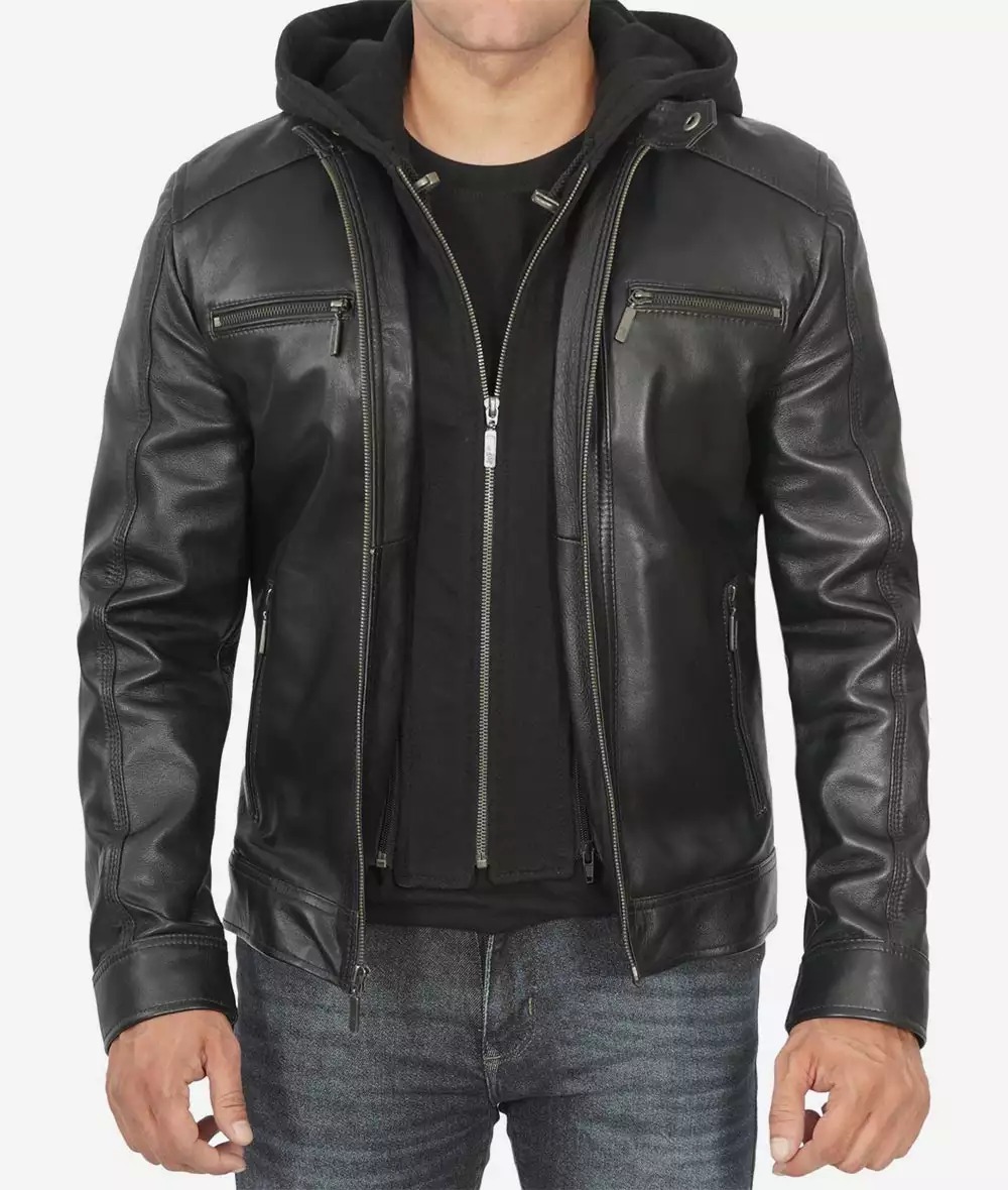 Men's Black Leather Jacket with Removable Hoodie - Image 5