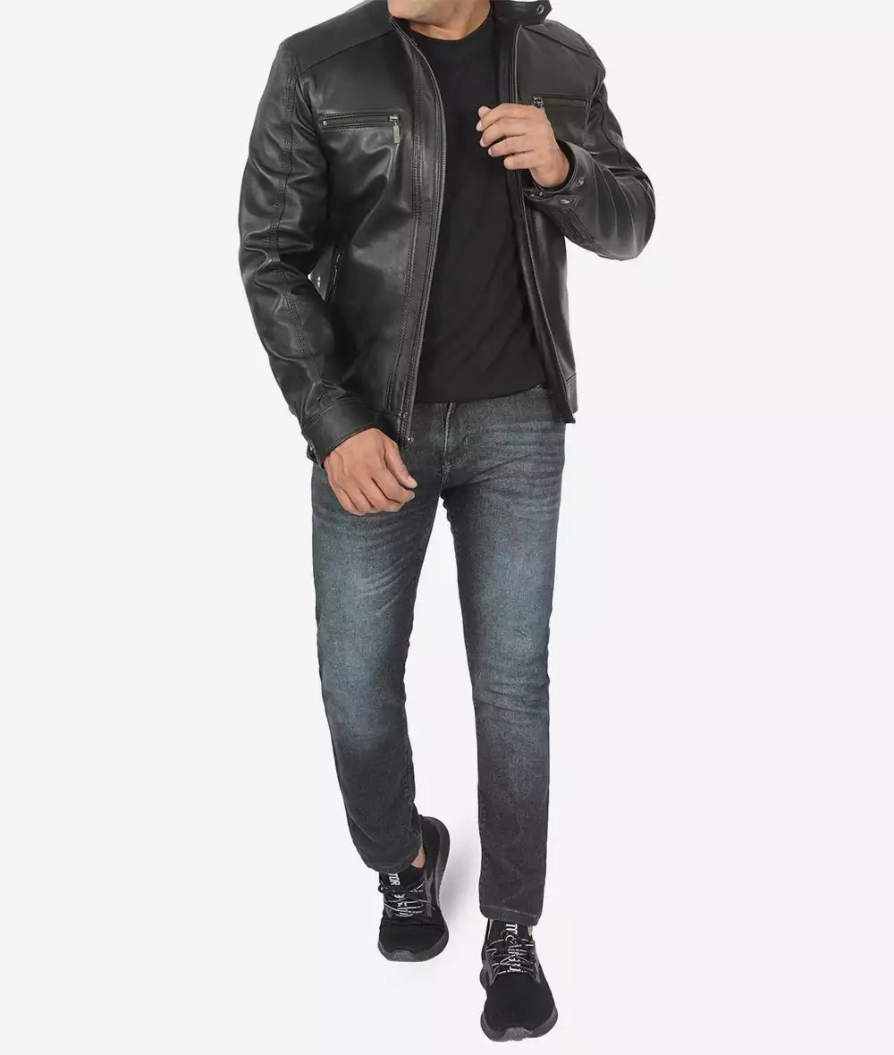 Men's Black Leather Jacket with Removable Hoodie - Image 4