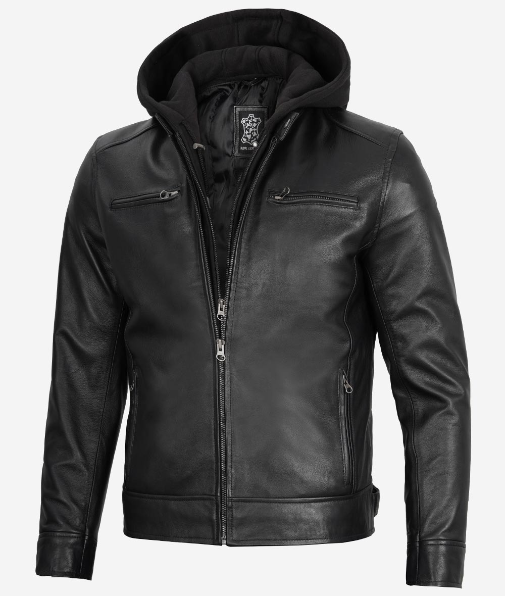 Men's Black Leather Jacket with Removable Hood - Image 3
